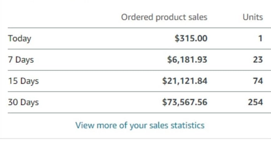 Amazon Seller Central sales summary for a consulting client showing $73,567.56 in ordered product sales and 254 units over 30 days.