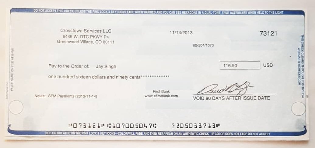Jay's first check — Crosstown Services, $116.90, November 2013
